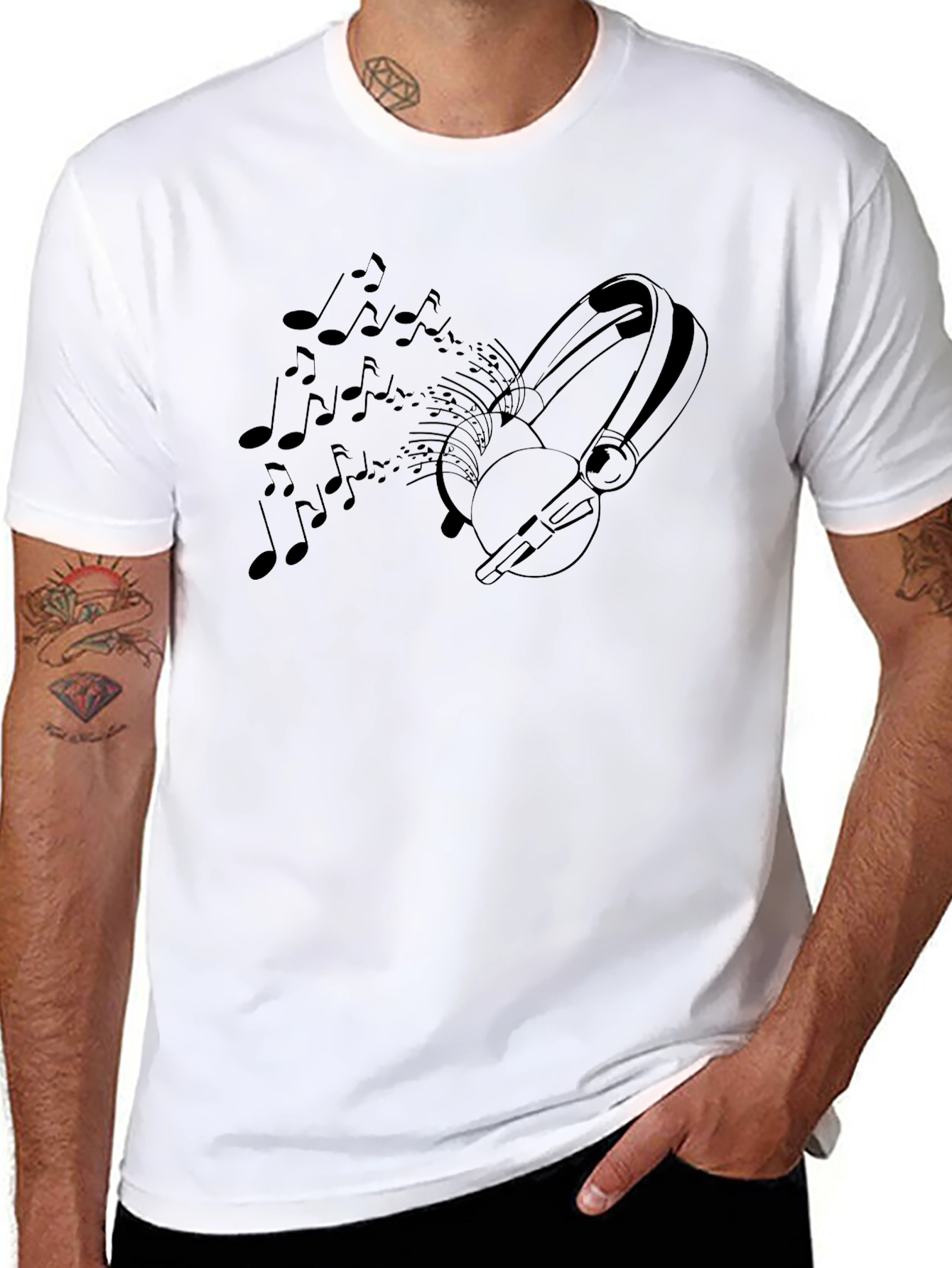 Music Lovers Black T-Shirt - Headphones & Notes Design