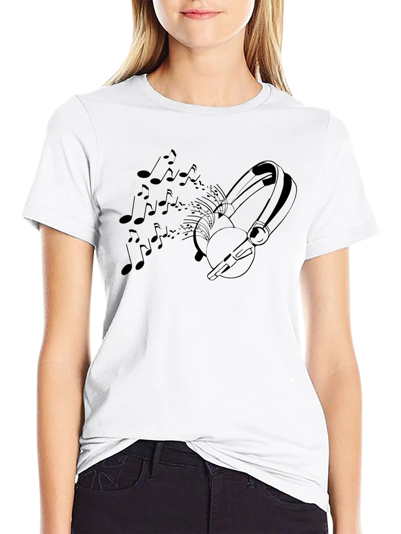 Music Lovers Black T-Shirt - Headphones & Notes Design
