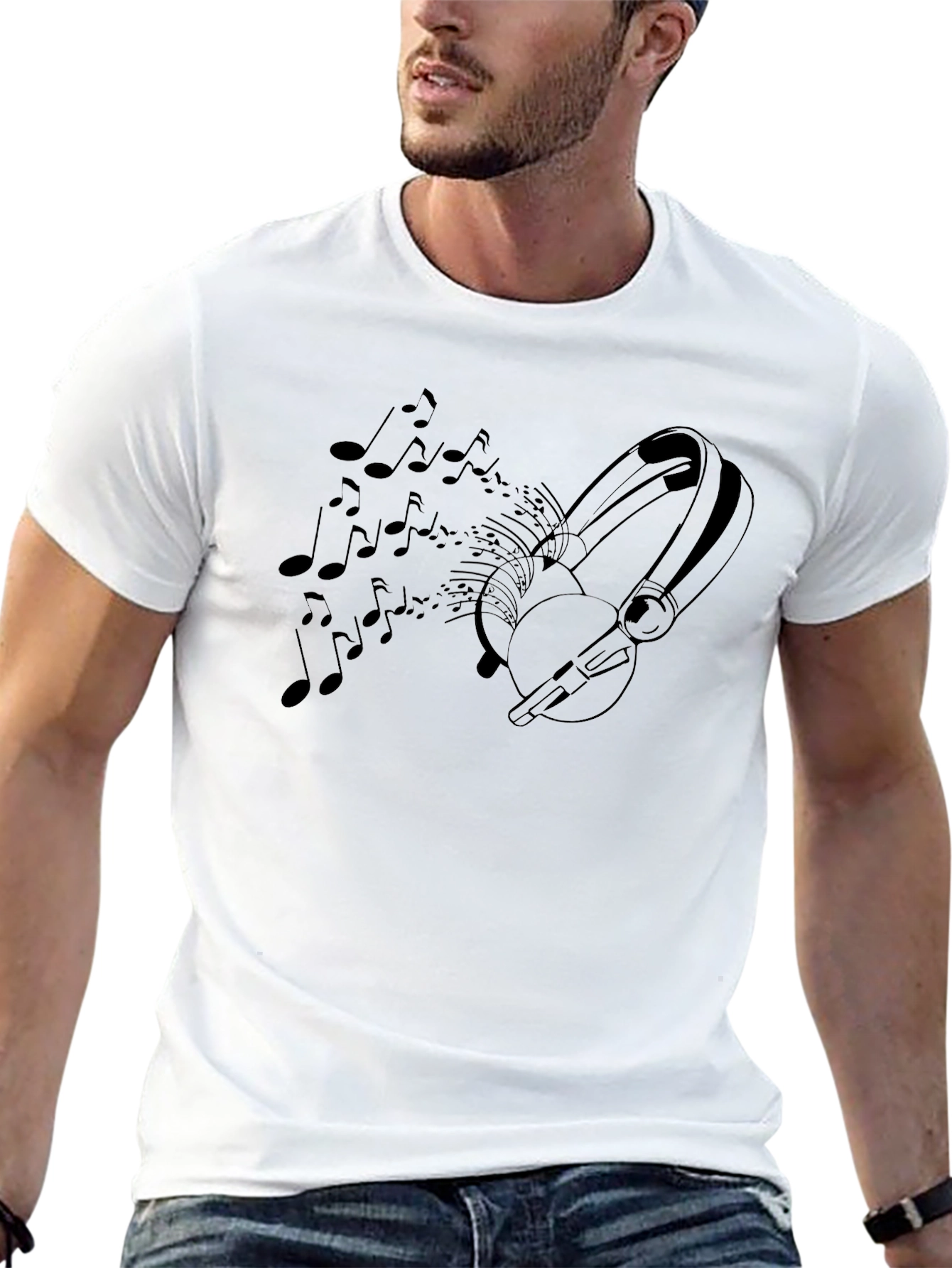 Music Lovers Black T-Shirt - Headphones & Notes Design