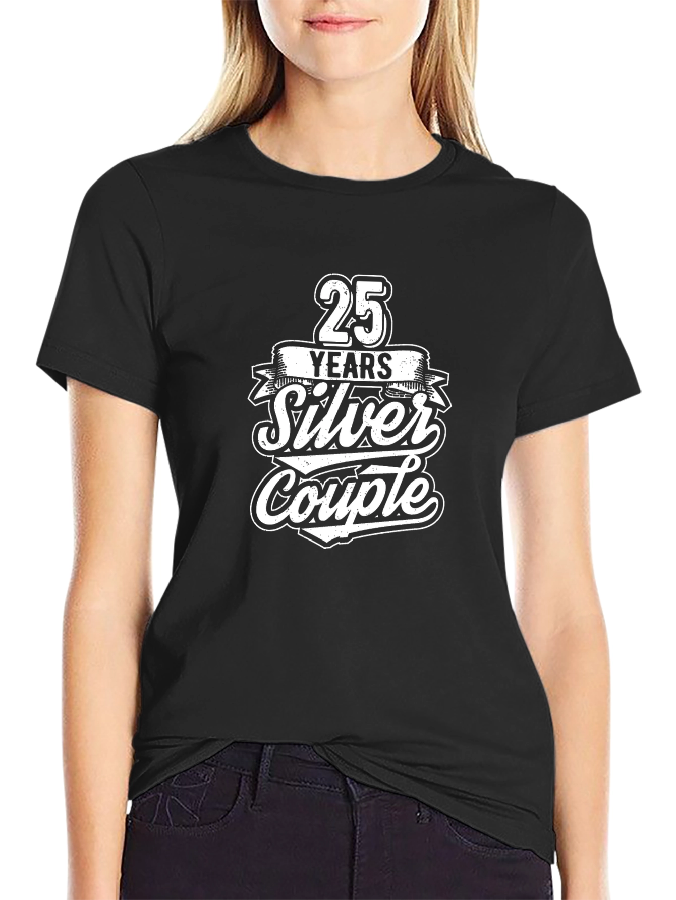 25 Years Silver Couple Black T-Shirt