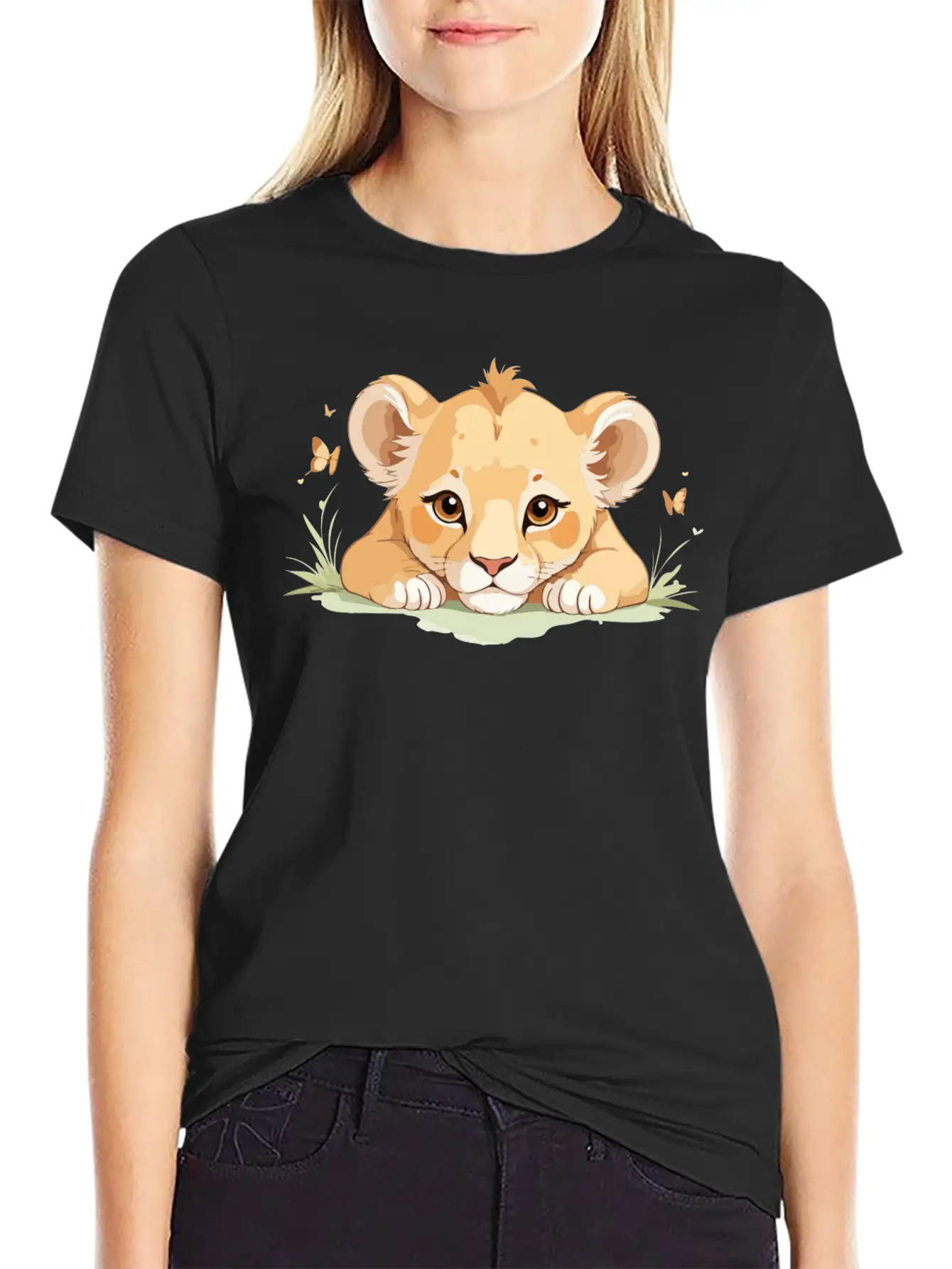 Lion Cub With Butterflies Essential Cotton Tee For Daily Outfits – Unisex Style