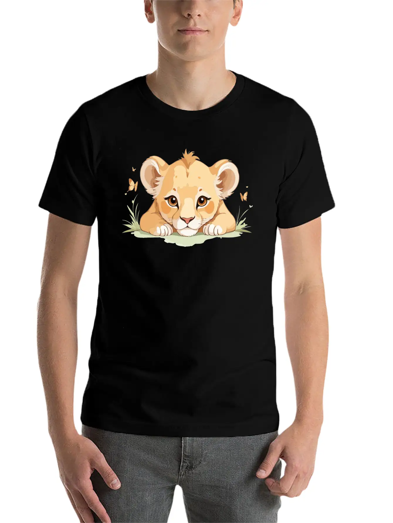Lion Cub With Butterflies Essential Cotton Tee For Daily Outfits – Unisex Style