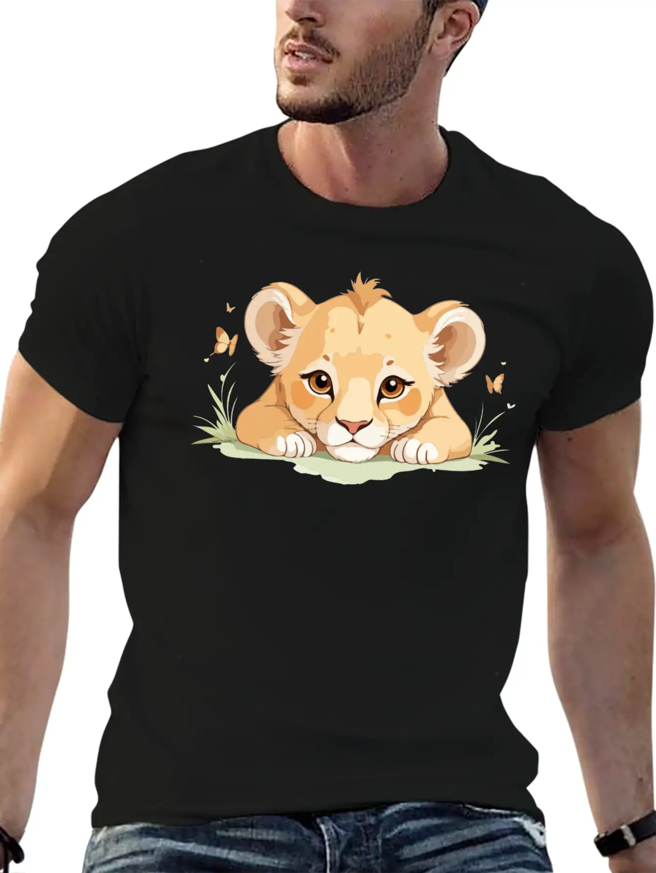 Lion Cub With Butterflies Essential Cotton Tee For Daily Outfits – Unisex Style