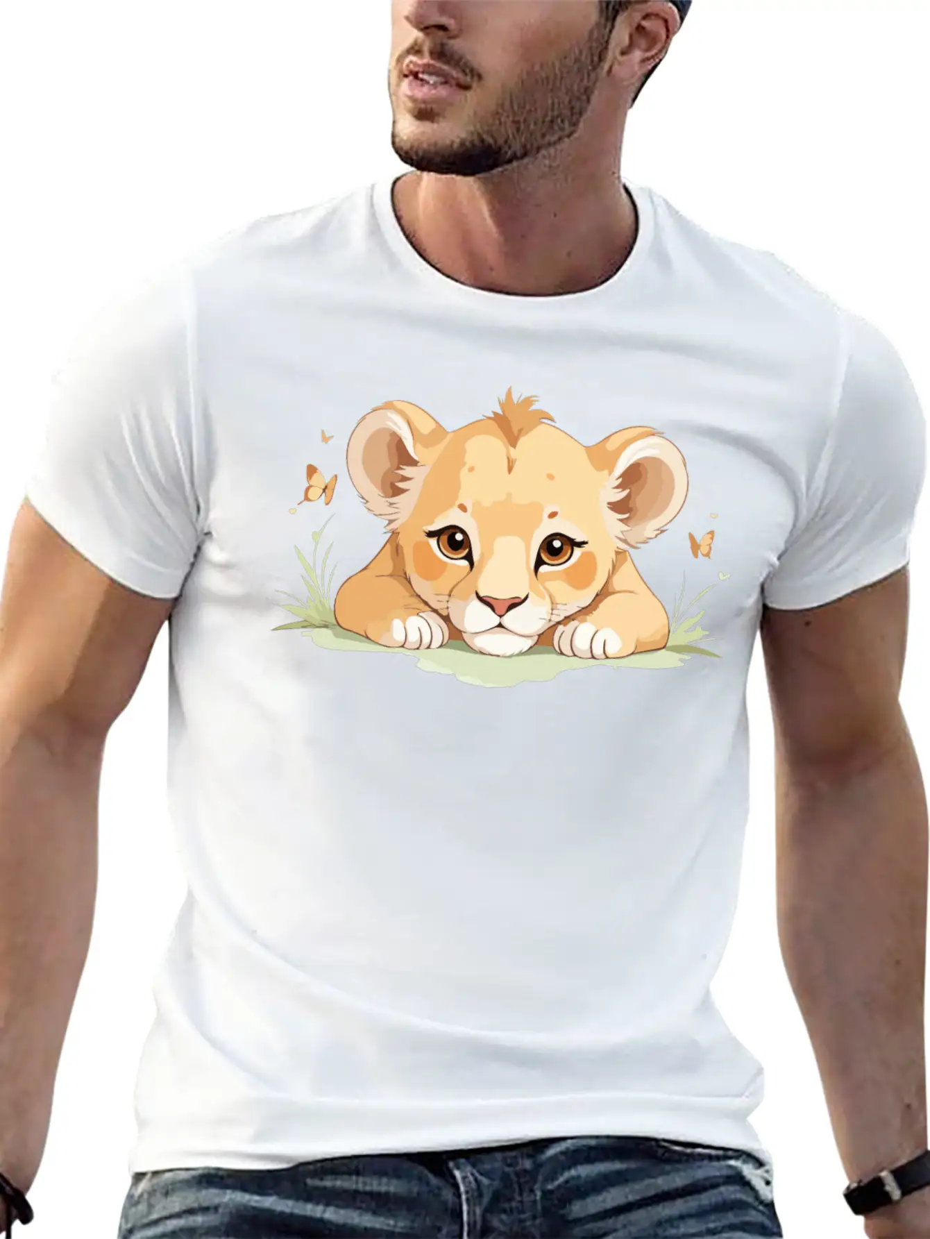 Lion Cub With Butterflies Essential Cotton Tee For Daily Outfits – Unisex Style