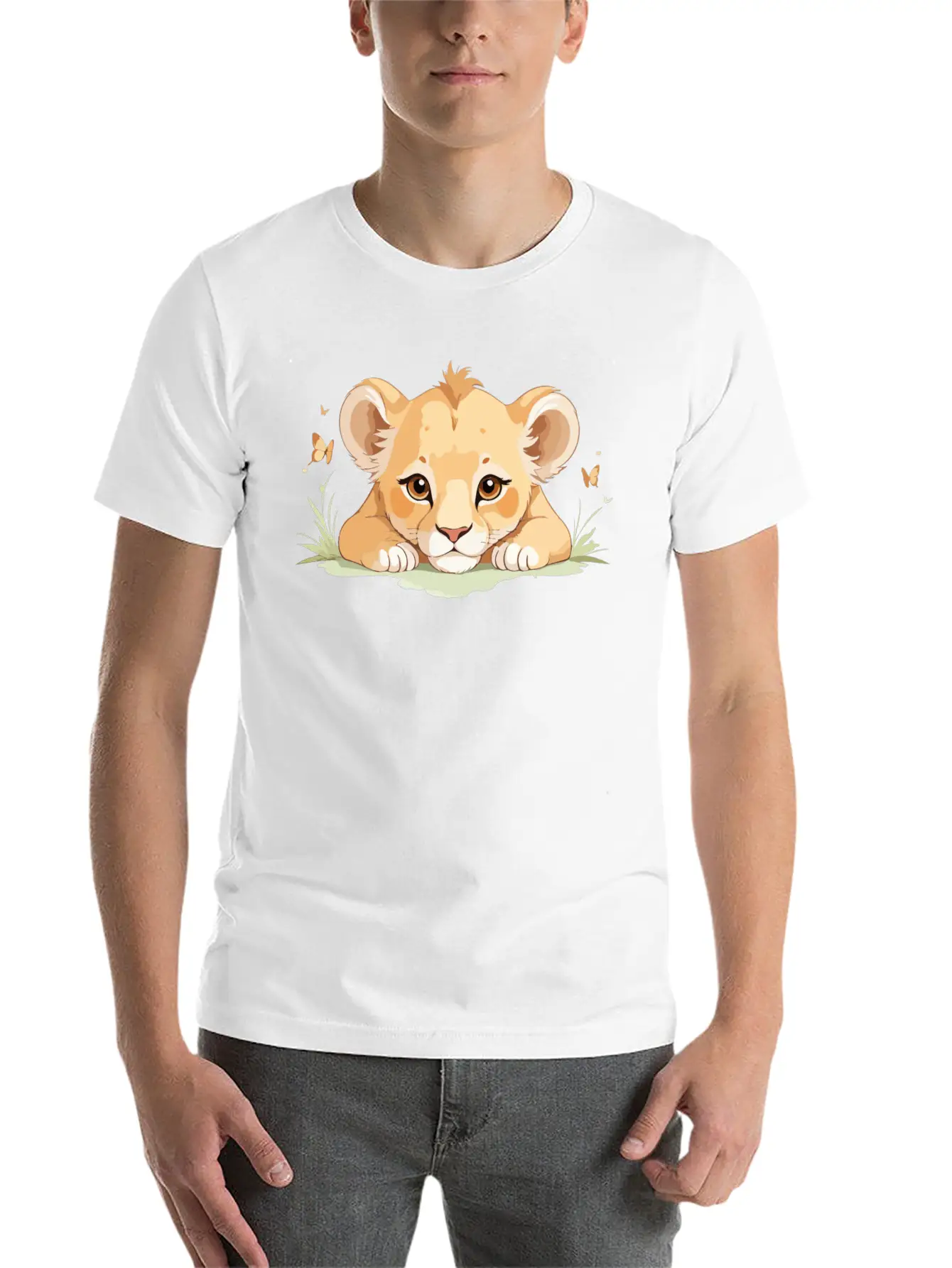 Lion Cub With Butterflies Essential Cotton Tee For Daily Outfits – Unisex Style