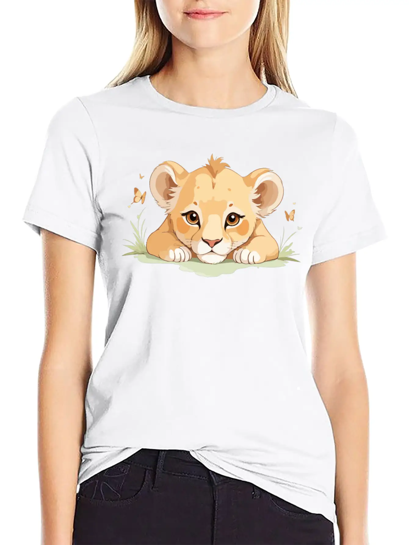 Lion Cub With Butterflies Essential Cotton Tee For Daily Outfits – Unisex Style