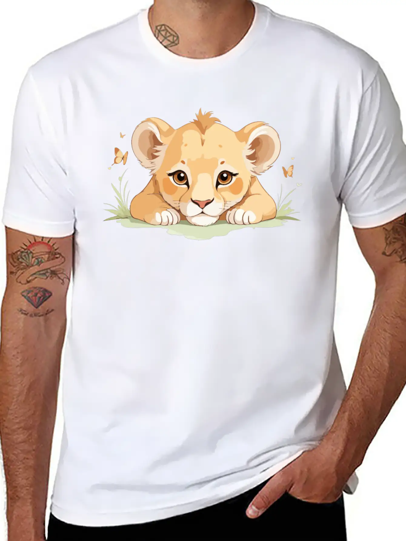 Lion Cub With Butterflies Essential Cotton Tee For Daily Outfits – Unisex Style