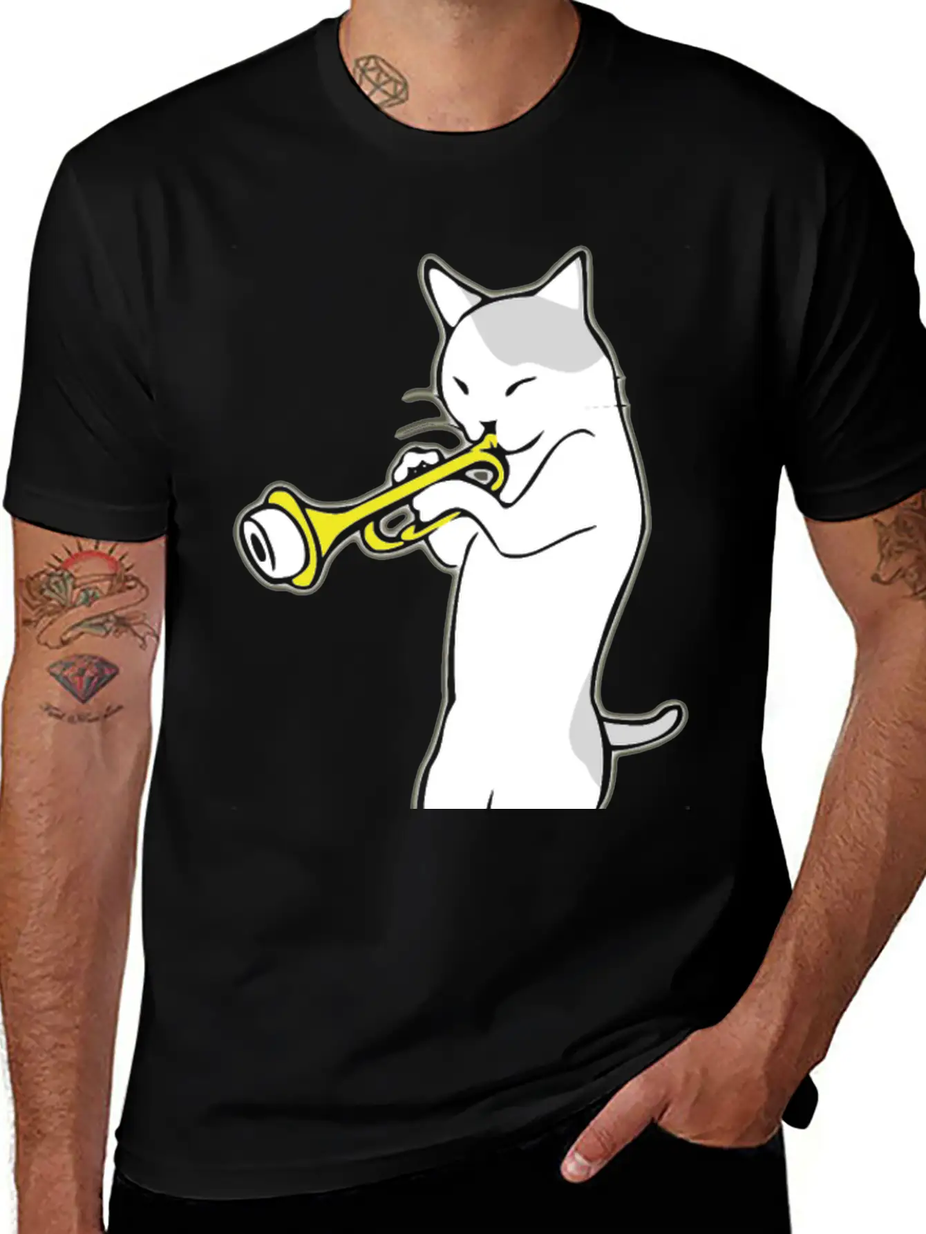 Music - Jazz | Trumpet | Cat Playing Trumpet | Classic Crew Neck Graphic Tee – Everyday Minimal Look