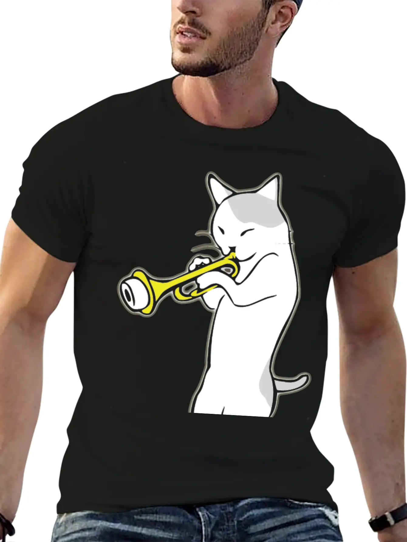 Music - Jazz | Trumpet | Cat Playing Trumpet | Classic Crew Neck Graphic Tee – Everyday Minimal Look