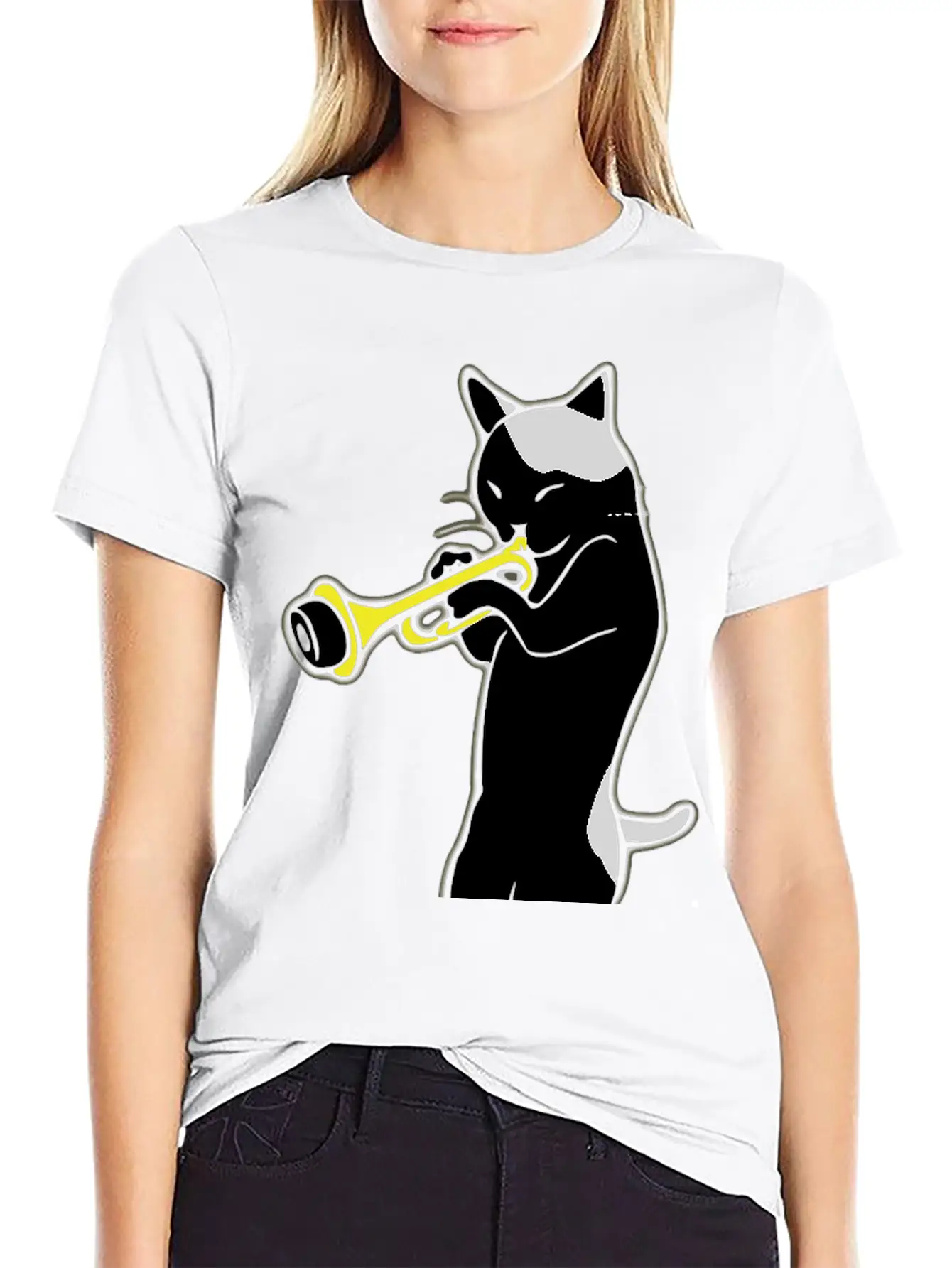Music - Jazz | Trumpet | Cat Playing Trumpet | Classic Crew Neck Graphic Tee – Everyday Minimal Look