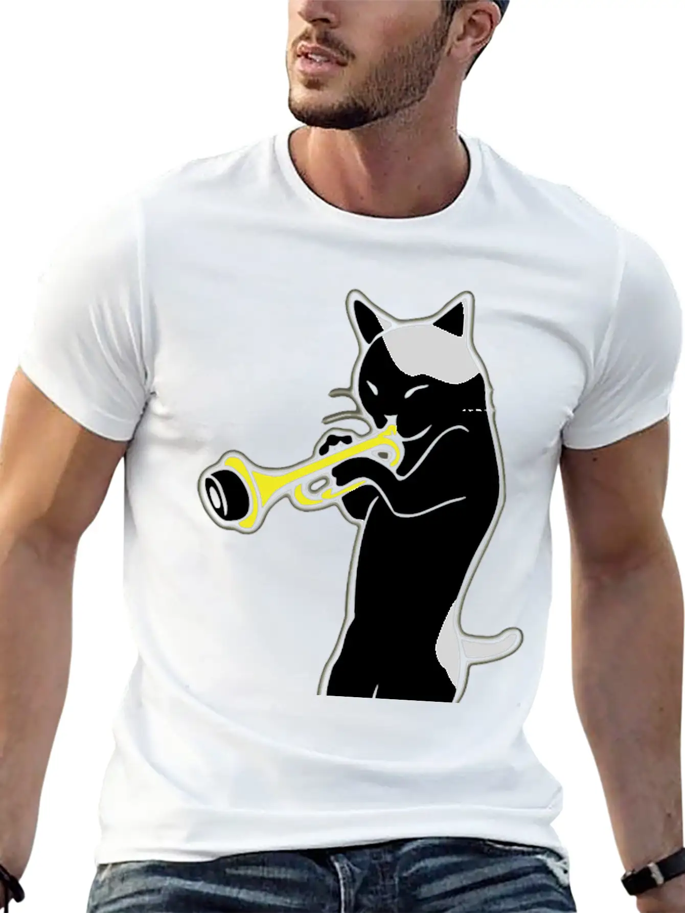 Music - Jazz | Trumpet | Cat Playing Trumpet | Classic Crew Neck Graphic Tee – Everyday Minimal Look