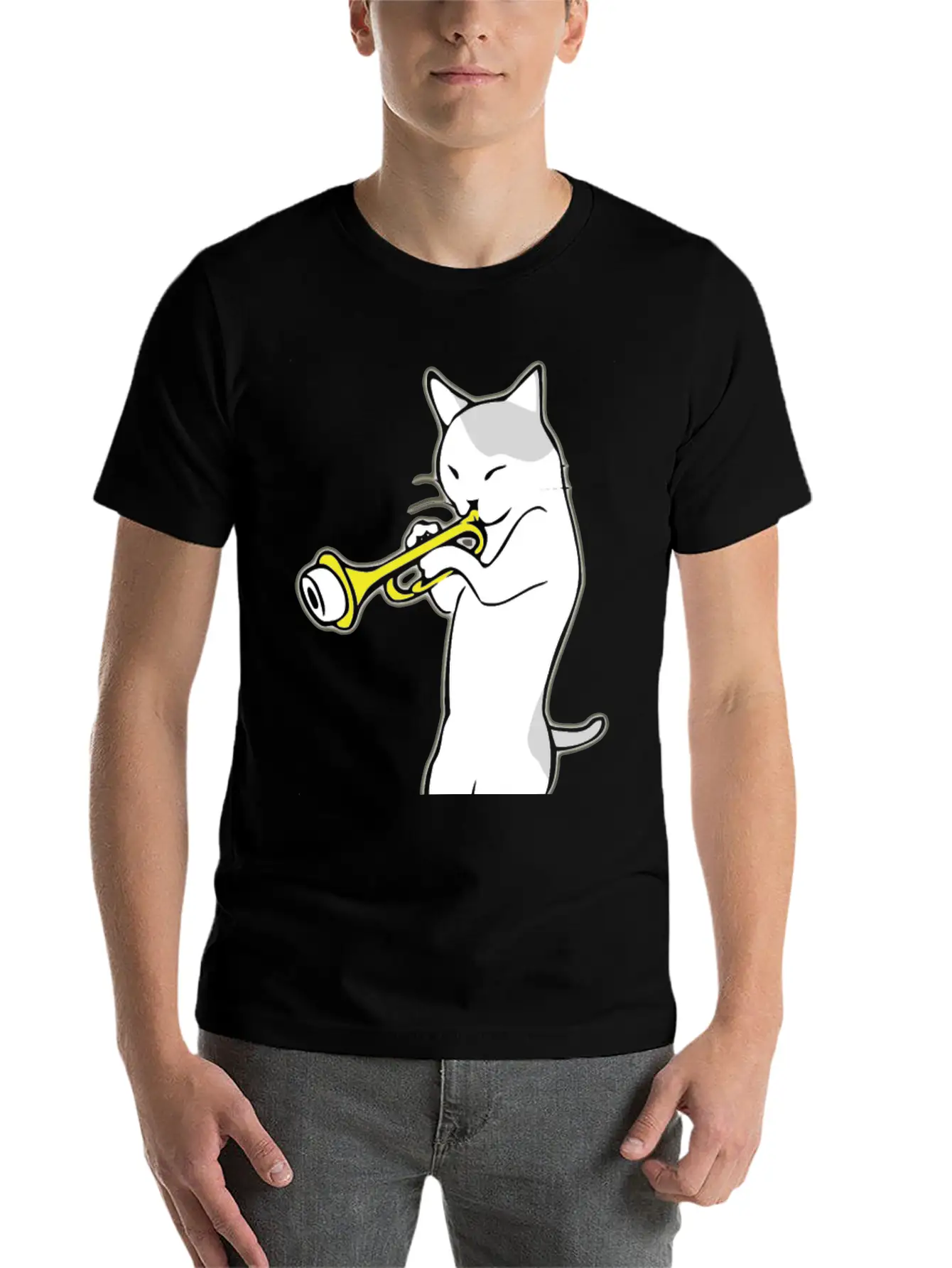 Music - Jazz | Trumpet | Cat Playing Trumpet | Classic Crew Neck Graphic Tee – Everyday Minimal Look