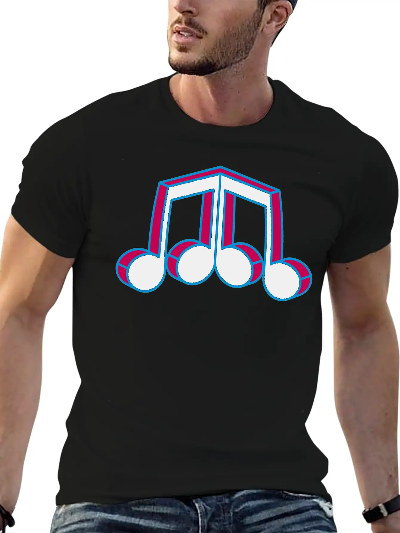 Music Note Silhouette Mirrored 3d Character Party Essential Cotton Tee For Daily Outfits – Unisex Style