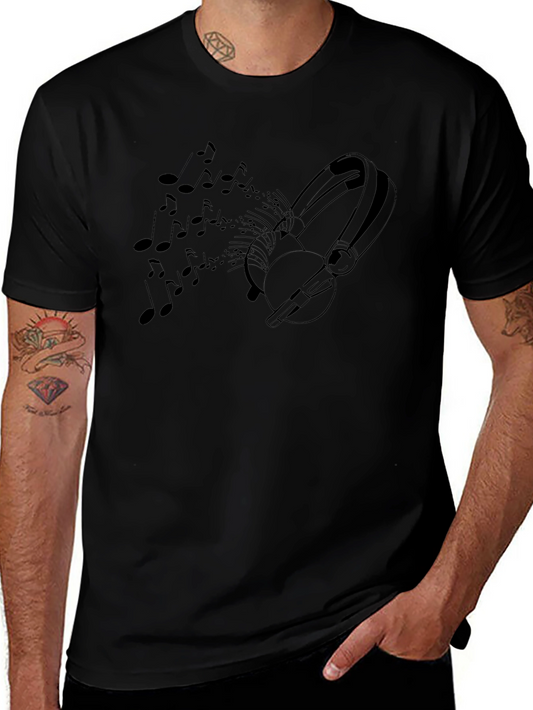 Music Lovers Black T-Shirt - Headphones & Notes Design